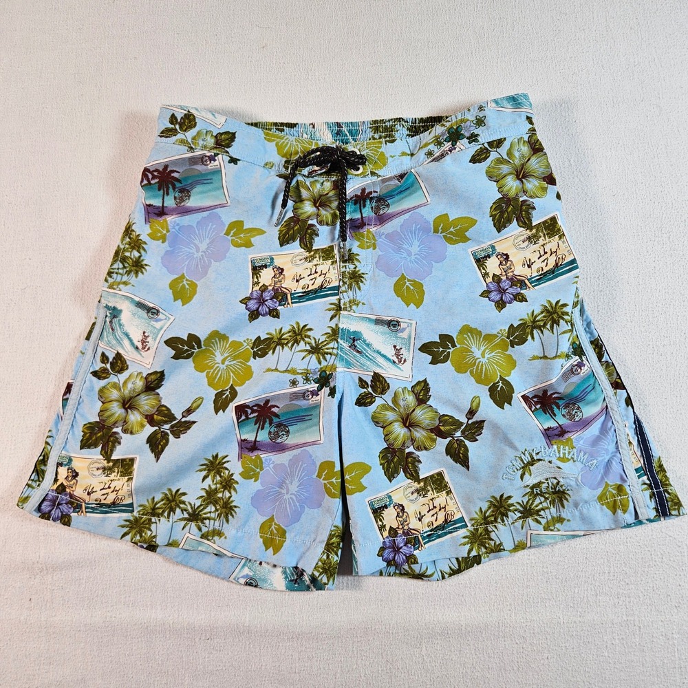 Tommy Bahama Swim Trunks Mens Medium Blue Postcard Floral Hibiscus Relax Shorts